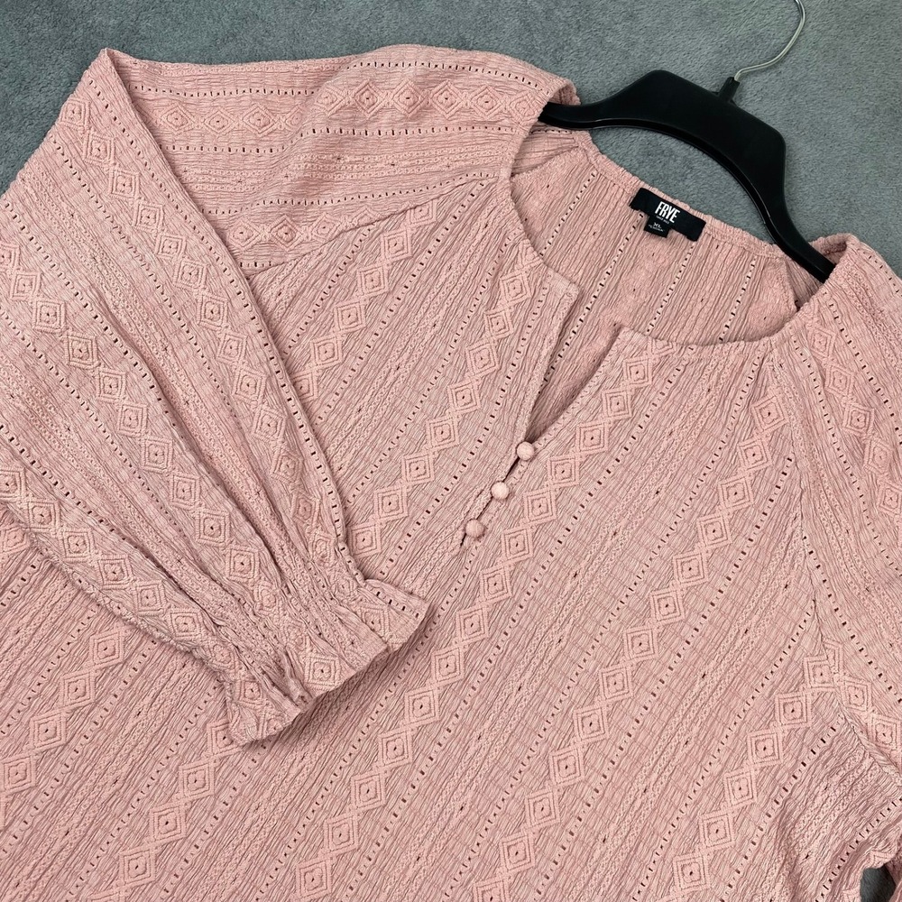 Frye Womens XL Blouse Pink Pointelle Knit Smocked Cuff Long Sleeve Top